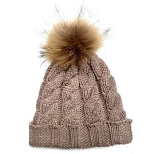 FRAAS Real Fox Fur pompom Wool bland Cable Knit Beanie, Taupe